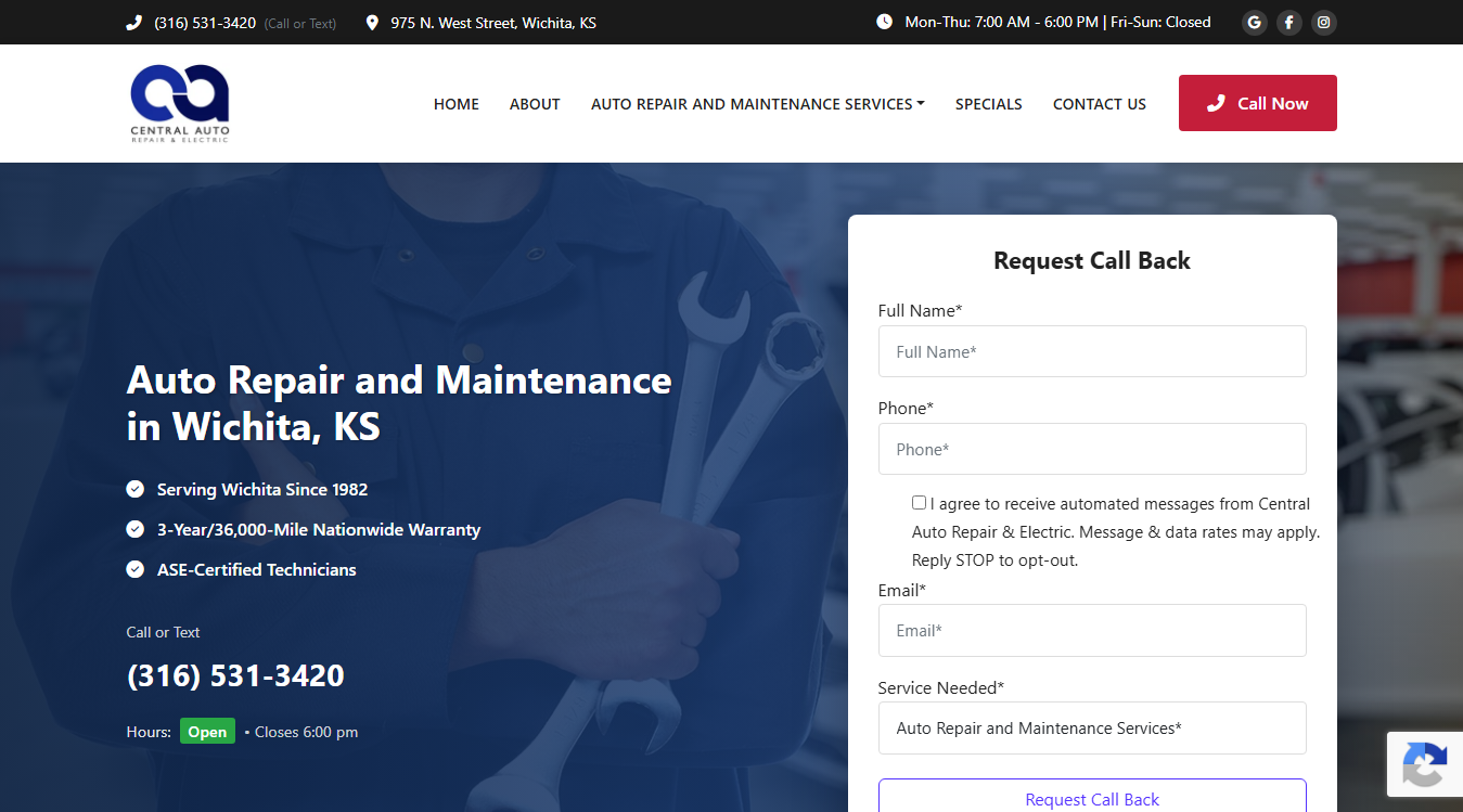 Screenshot of Central Auto Repair & Electric