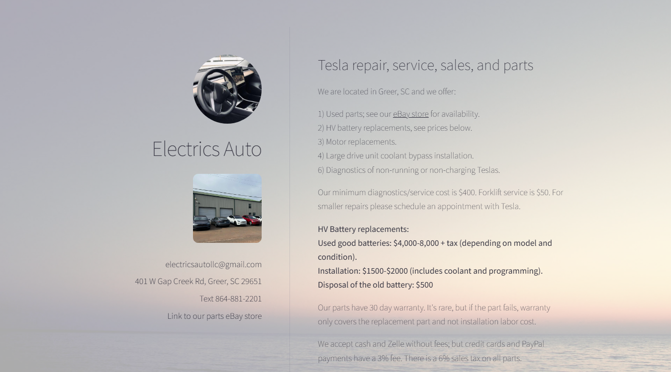 Screenshot of Electrics Auto (Tesla Repair)