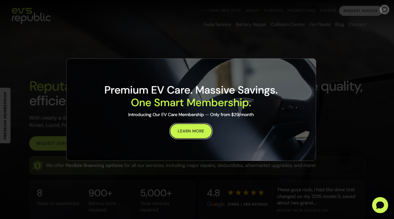 Screenshot of EV's Republic - electric vehicle service