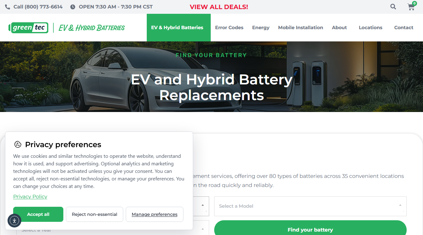 Screenshot of Greentec EV & Hybrid Battery Replacement | Kansas City, KS