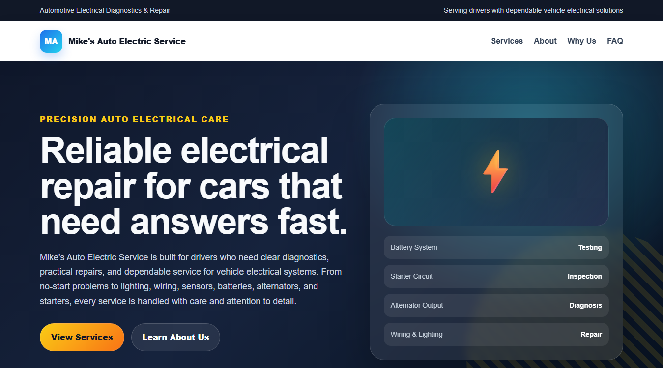 Screenshot of Mobile Mike's Auto Electric Service