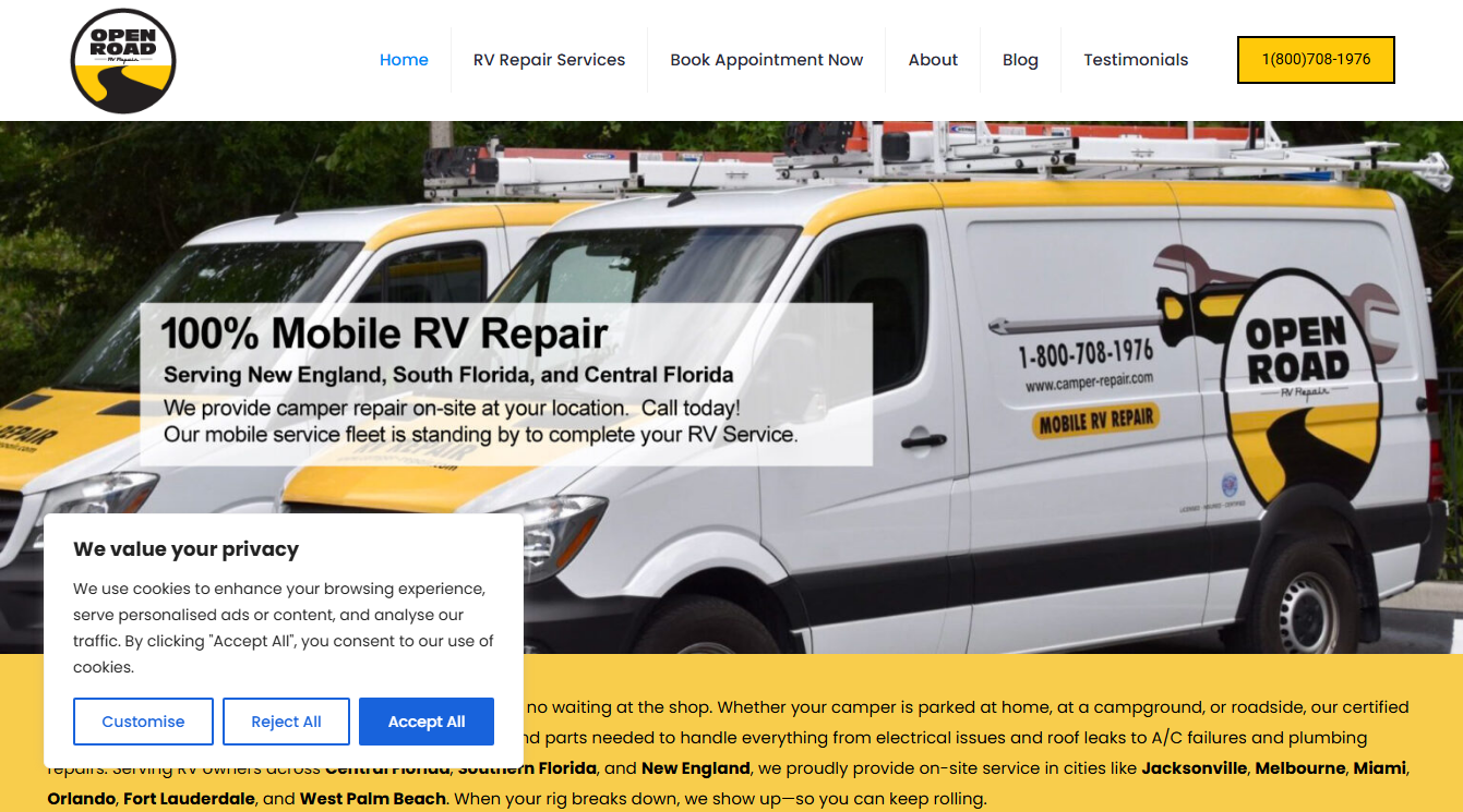Screenshot of Open Road Mobile RV Repair