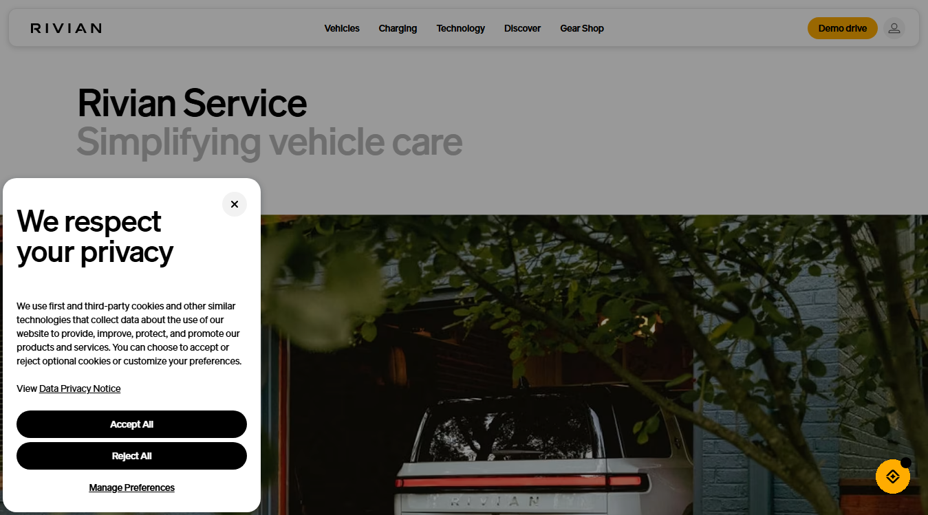 Screenshot of Rivian Service Center